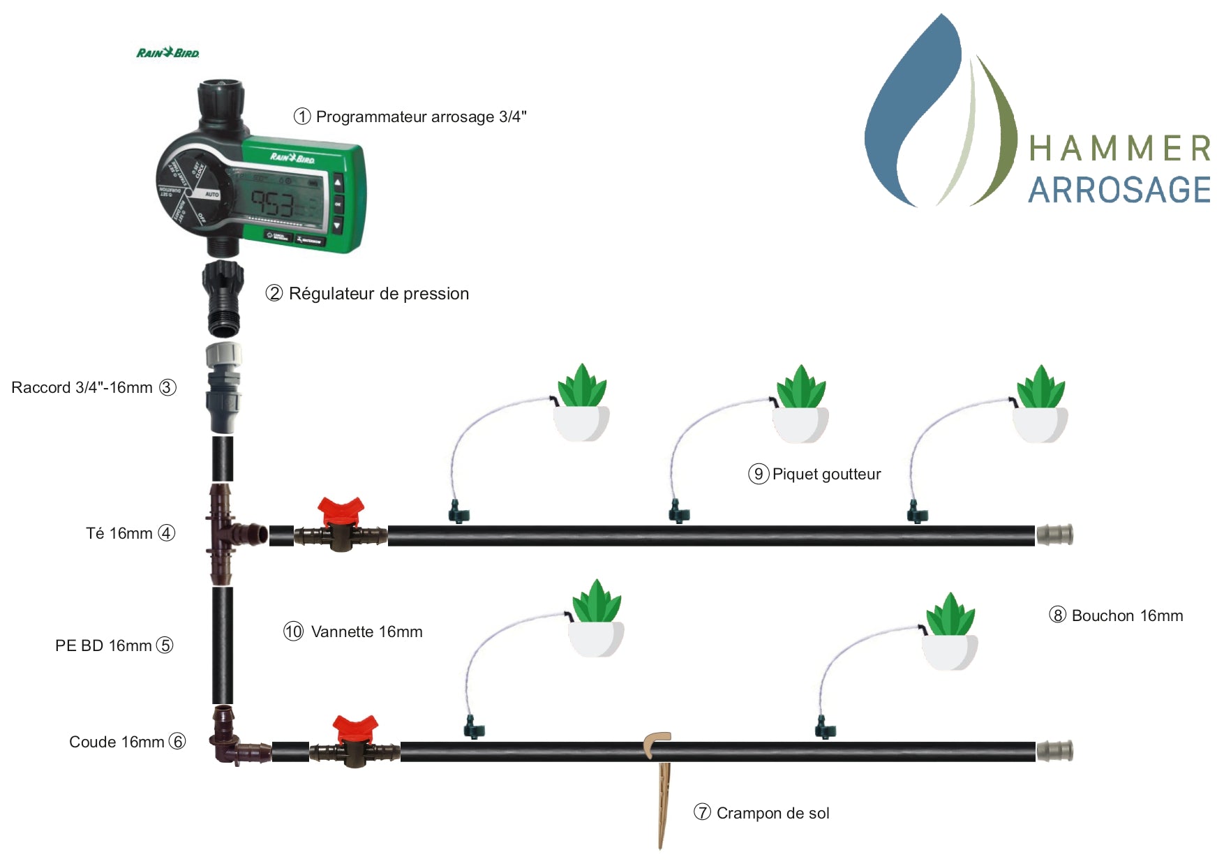 Schéma du kit d’arrosage goutte à goutte par piquet